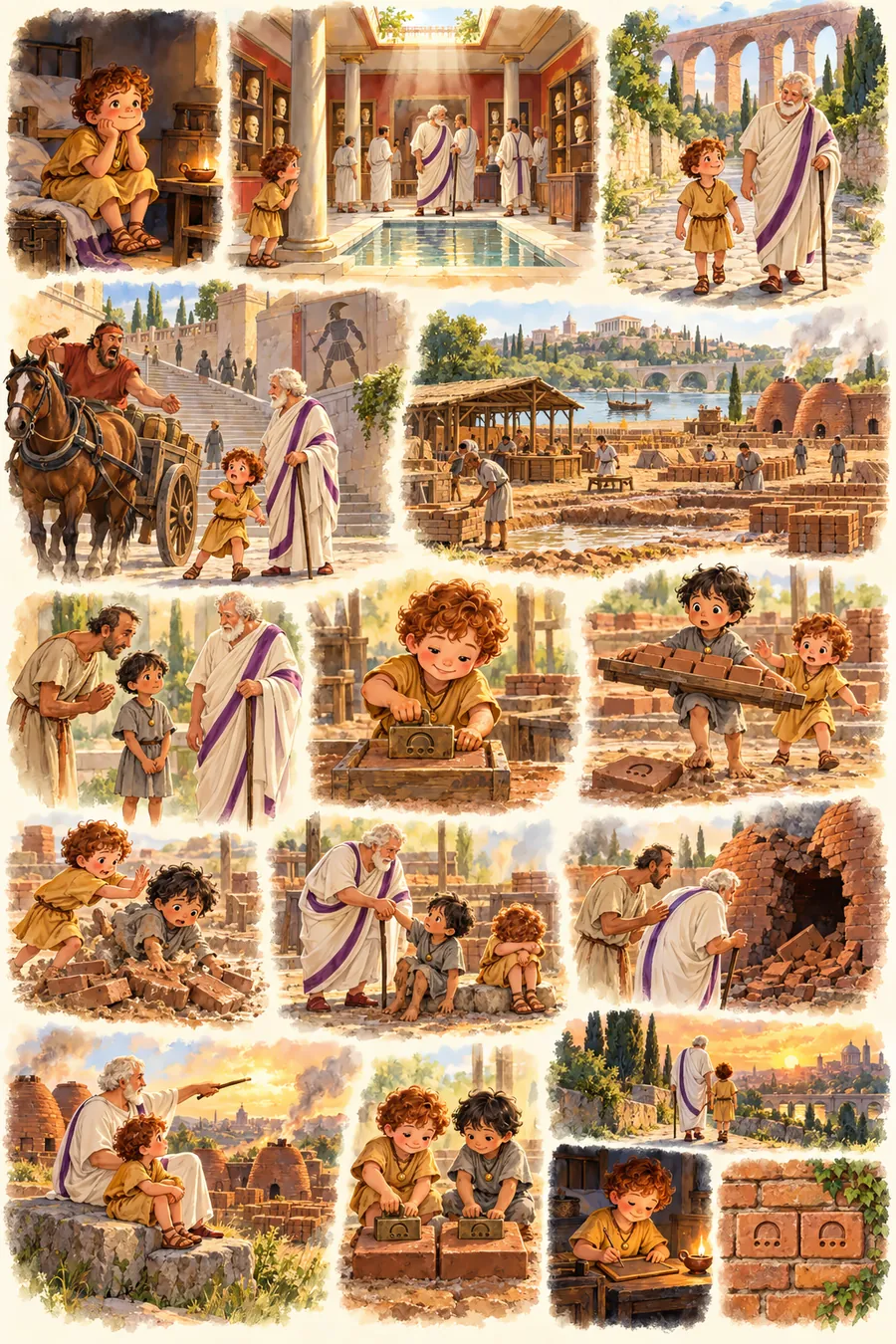 Storyboard historii „Ogień w piecu”: szesnaście kadrów akwarelą, od poranka w sypialni Marka, przez cegielnię nad Tybrem, po wieczór przy lampce oliwnej.