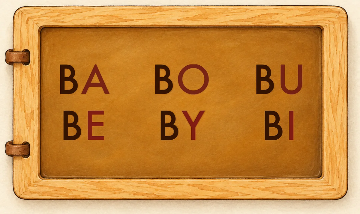 Na tabliczce: BA BO BU / BE BY BI