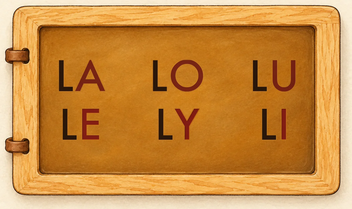 Na tabliczce: LA LO LU / LE LY LI