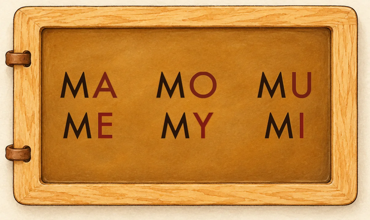 Na tabliczce: MA MO MU / ME MY MI
