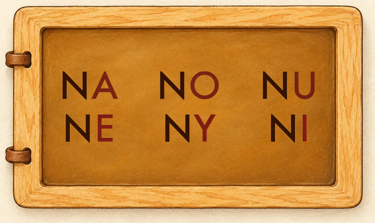 Na tabliczce: NA NO NU / NE NY NI