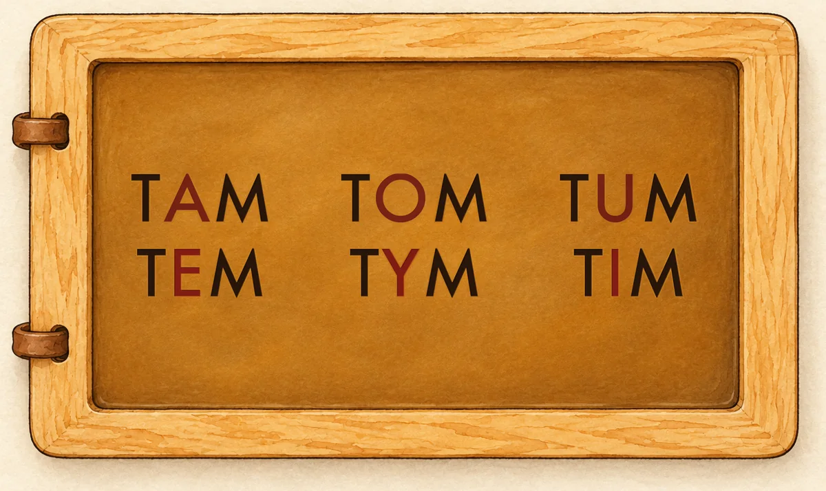 Na tabliczce: TAM TOM TUM / TEM TYM TIM